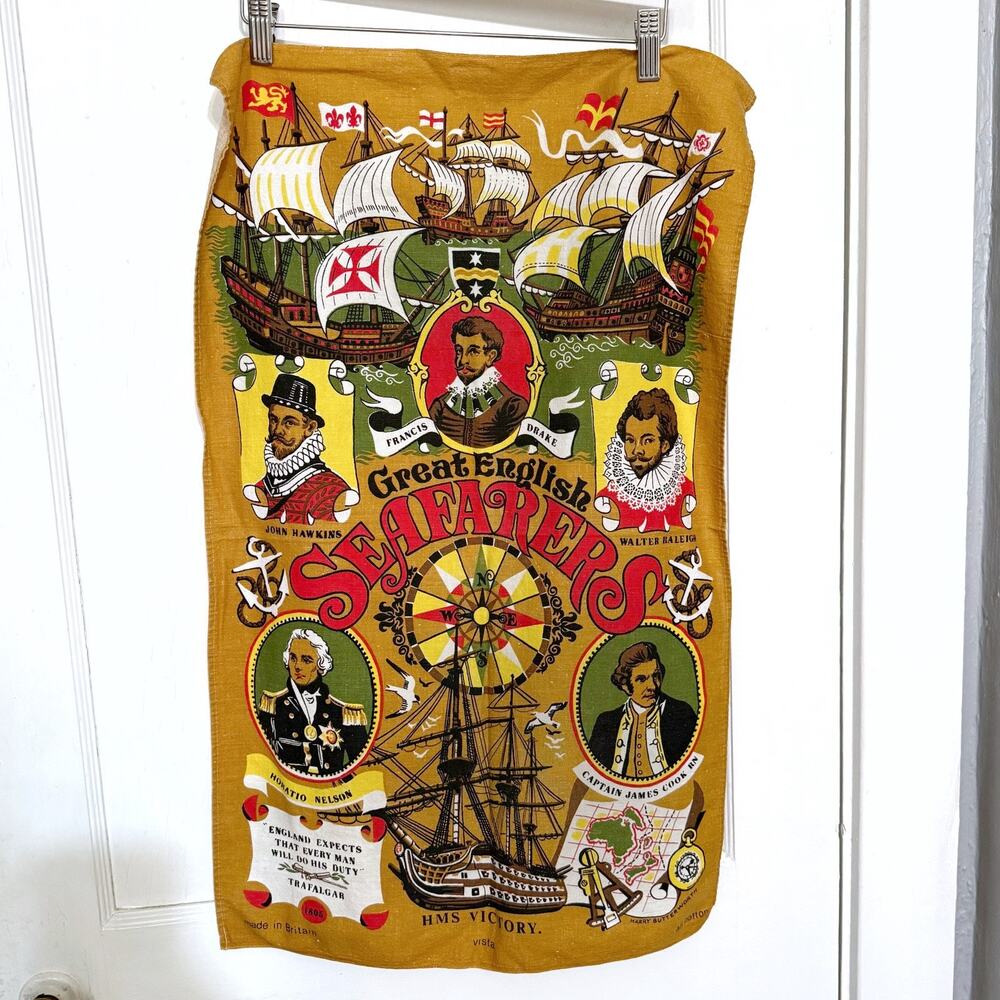 Vintage Towel Great English Seafarers Cotton Vista Drake Nelson Victory 18”x29”